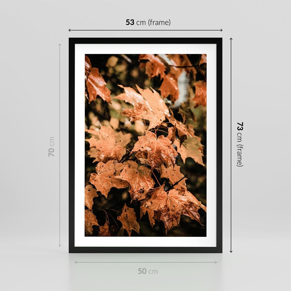 Plakat w ramie 50x70 - Ciepło Jesieni - jesienne pomarańczowe liśćie, jesień - rama czarna