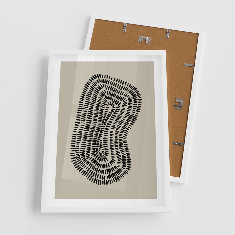 Plakat w ramie 50x70 - Nowoczesne Odbicia Wnętrza - boho plakat, czarne kropki kreski - rama biała