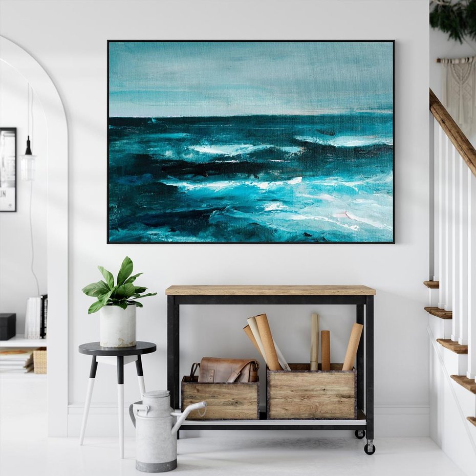 Obraz w ramie 100x70 - Burza Nad Granatowym Oceanem - piękny marynistyczny obraz olejny, wzburzone ciemne morze - rama czarna