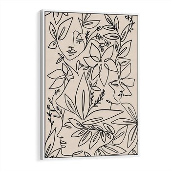 Obraz w ramie 80x120 - Kobiecy Portret Duszy - beżowe tło, czarny szkic nowoczesnych kwiatów - rama biała