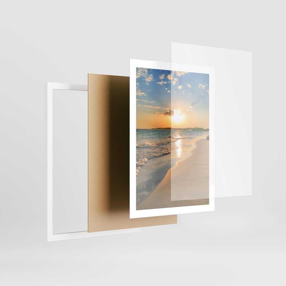 Plakat w ramie 50x70 - Zachód słońca na plaży - plaża, zachód - rama biała