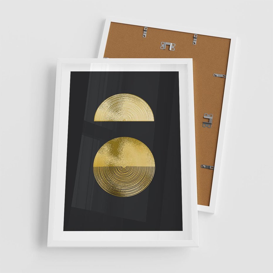 Plakat w ramie 50x70 - Migotliwe Przeniknięcia - złote koła, czarne tło - rama biała