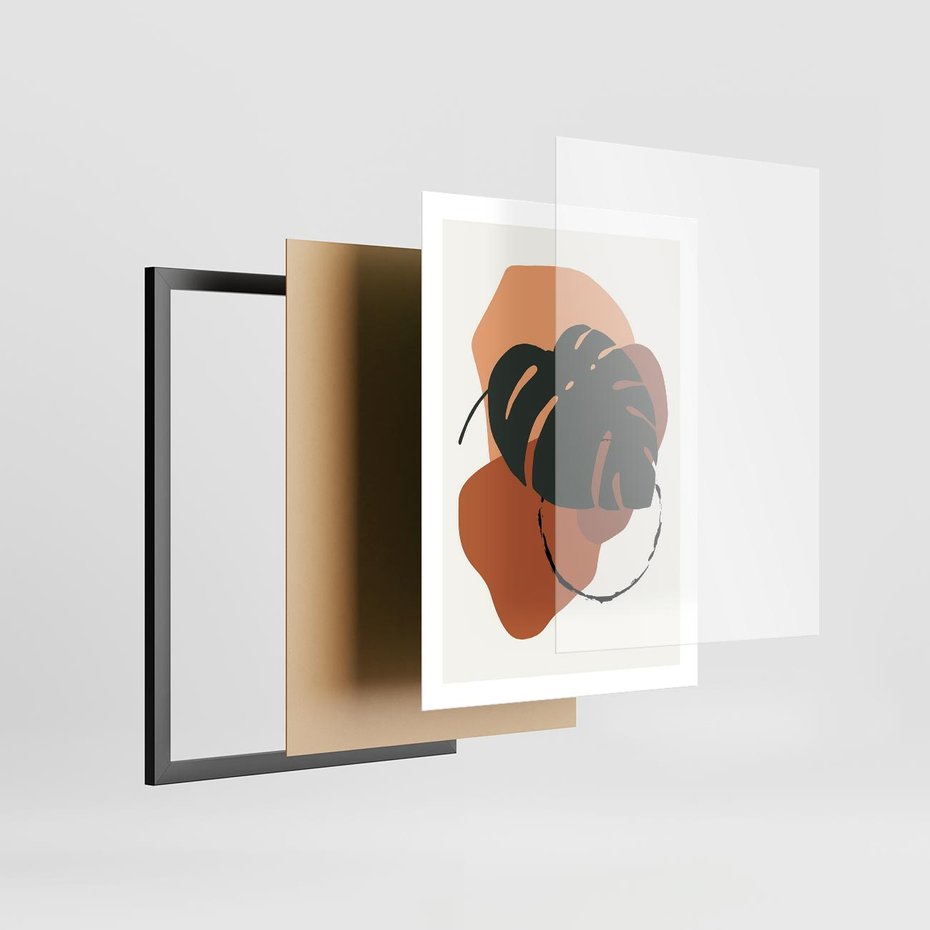 Plakat w ramie 50x70 - Brązowa Ekspresja - liść monstery, boho obraz - rama czarna