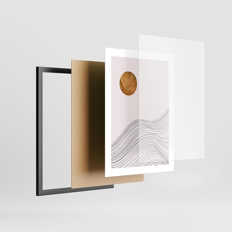 Plakat w ramie 30x40 - Minimalistyczne Słońce: Blask i Złoto - grafika, minimalizm - rama czarna