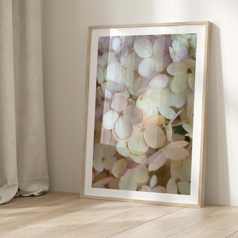 Plakat w ramie 50x70 - Kwiatowy taniec - kwiaty, hortensje - rama drewno