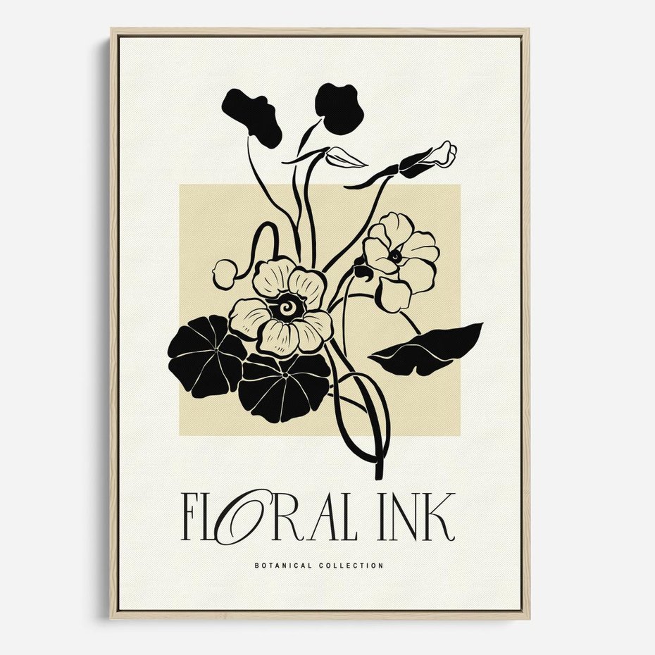 Obraz w ramie 80x120 - Podróż linii kwiatowego czasu - kwiaty, typografia - rama drewno