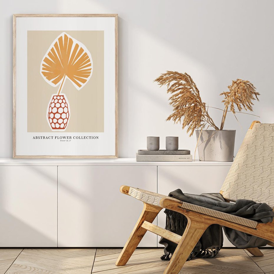 Plakat w ramie 40x50 - Kwiatowa Kreatywność - tropikalny liść w wazonie, typografia - rama drewno