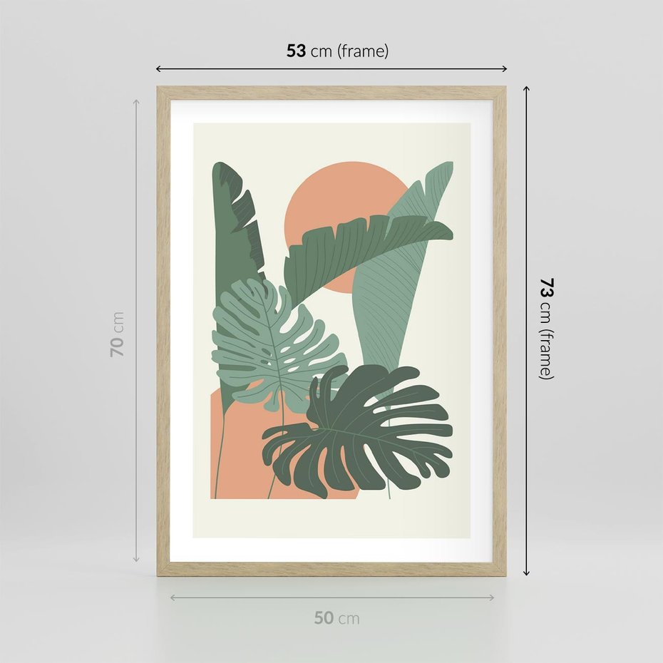 Plakat w ramie 50x70 - Abstrakcyjne Tropiki - liście, rośliny tropikalne w graficznym stylu - rama drewno