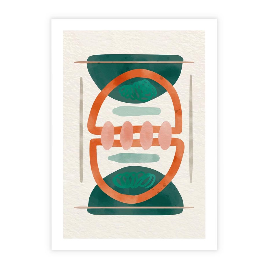 Plakat bez ramy 40x50 - Oryginalny obraz abstrakcyjny w nowoczesnym stylu. Geometryczne akwarelowe kształty w intensywnych odcieniach zieleni i pomarańczu. Doskonała dekoracja dla miłośników sztuki. - abstrakcyjny obraz, sztuka nowoczesna