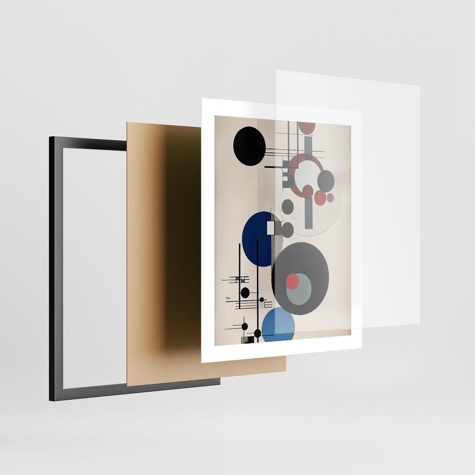 Plakat w ramie 40x50 - Rozkwitające Wibracje Wyobraźni - abstrakcyjna geometryczna kompozycja, koła linie - rama czarna
