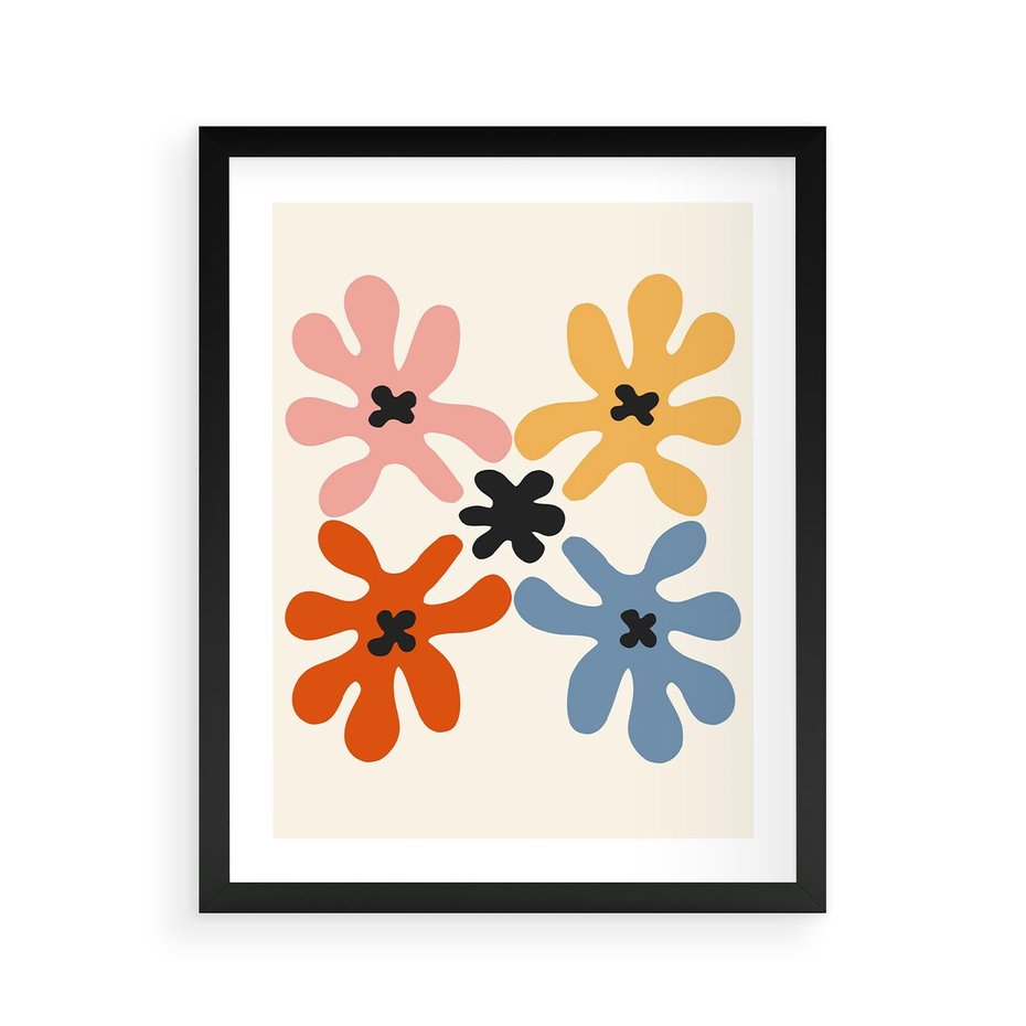 Plakat w ramie 40x50 - Taniec Akwareli - abstrakcyjne wielokolorowe kwiaty, minimalizm - rama czarna