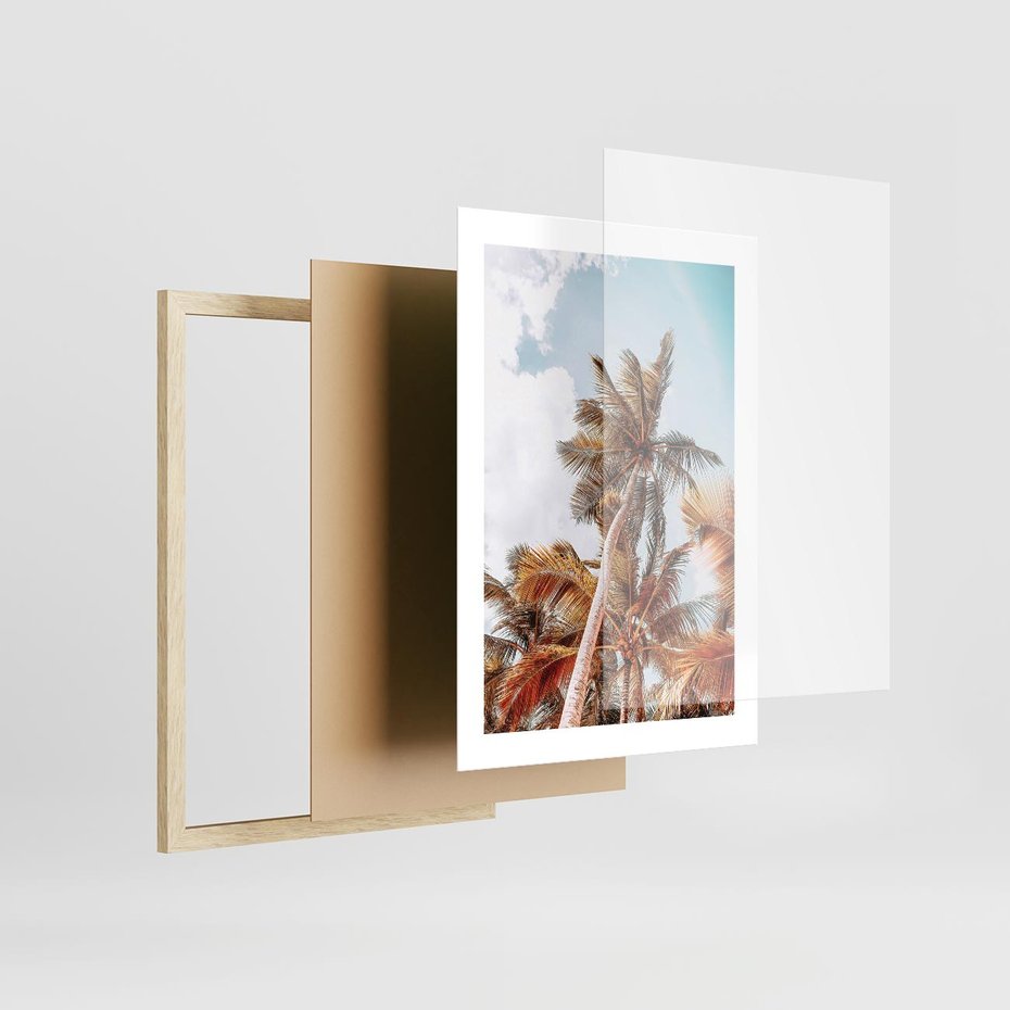 Plakat w ramie 30x40 - Plażowa Idylla z Palmami - palmy, rajska plaża - rama drewno