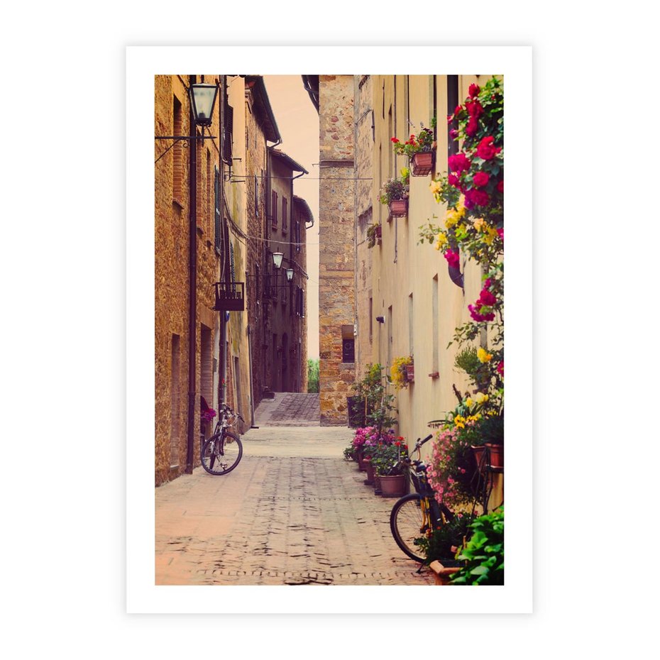 Plakat bez ramy 21x30 - Rowerowa przygoda w uliczkach pełnych perspektywy - uliczka, perspektywa