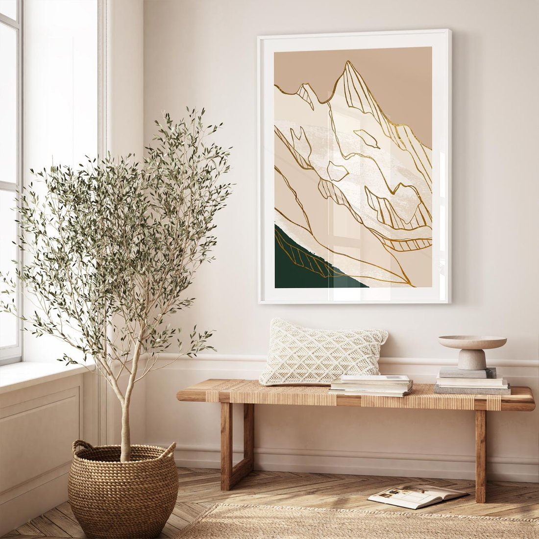 Plakat bez ramy 21x30 - Góry w Złocie i Minimalizmie - grafika, złote góry