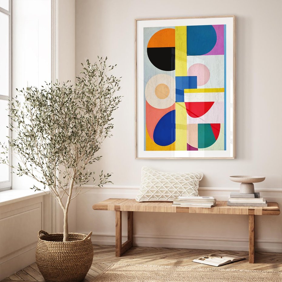 Plakat w ramie 40x50 - Harmonia Kolorowych Impulsów - abstrakcyjne geometryczne kształty, olejny obraz - rama drewno