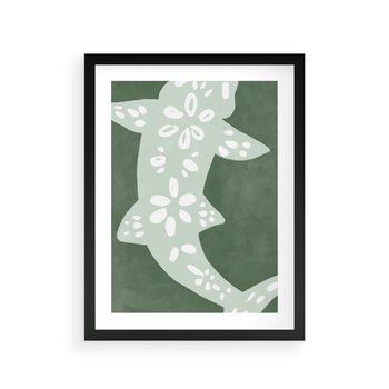 Plakat w ramie 30x40 - Migotliwe Wibracje Zieleni - zielony plakat, abstrakcja przypominająca rybę - rama czarna