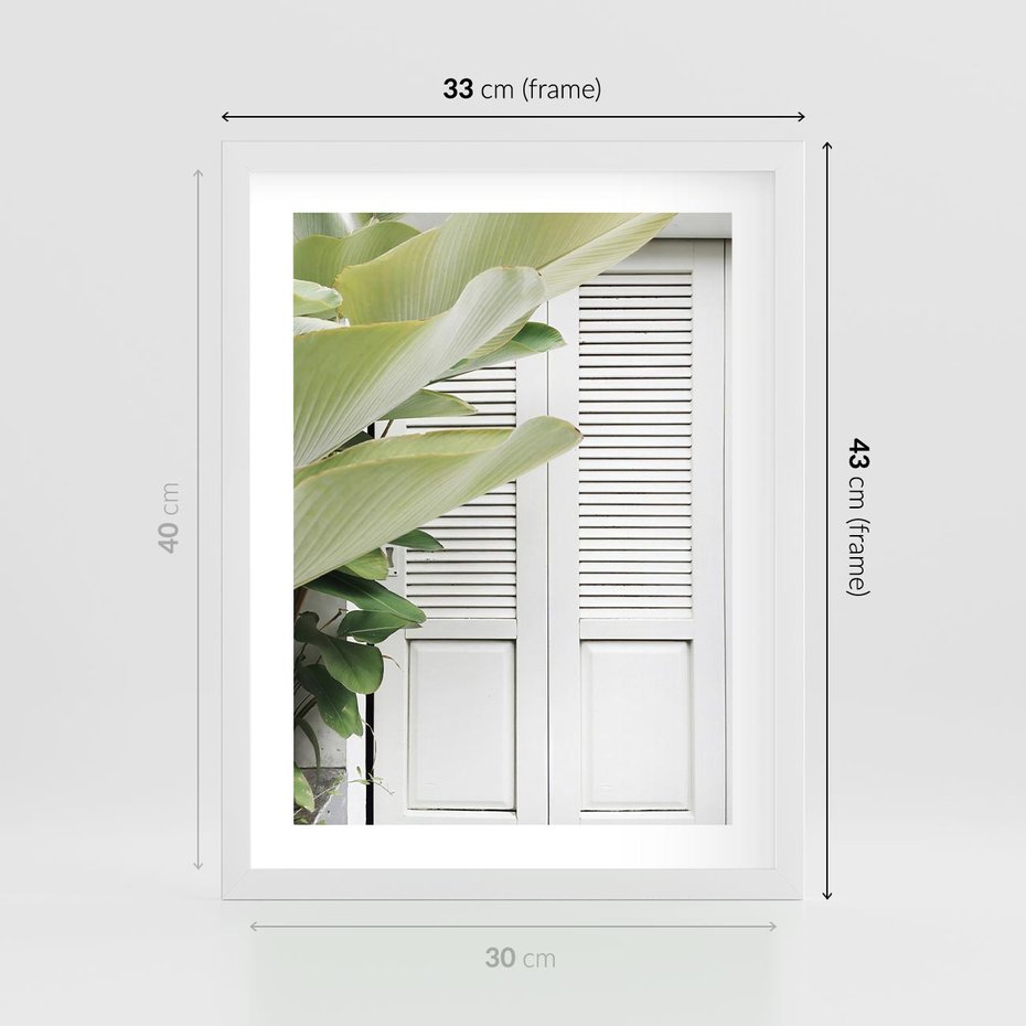 Plakat w ramie 30x40 - Tropikalne Okno - białe okiennice, zielona tropikalna roślina - rama biała