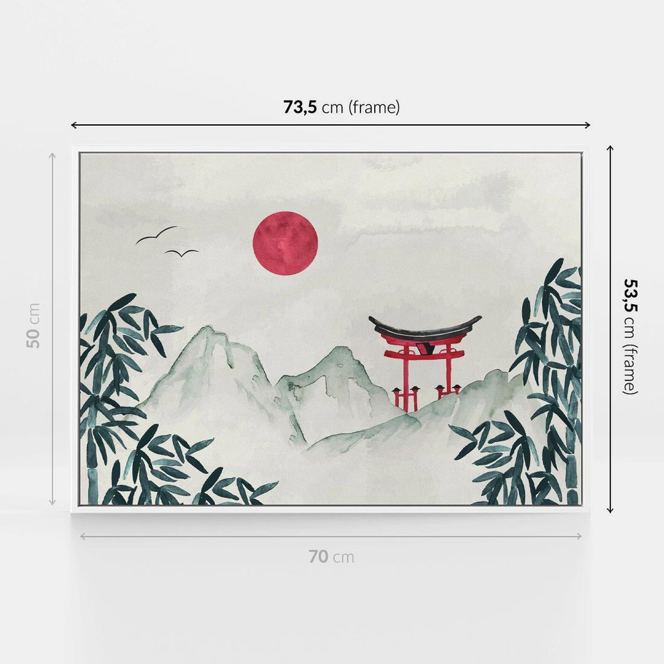 Obraz w ramie 70x50 - Słońce nad Górami - japoński krajobraz, góry - rama biała