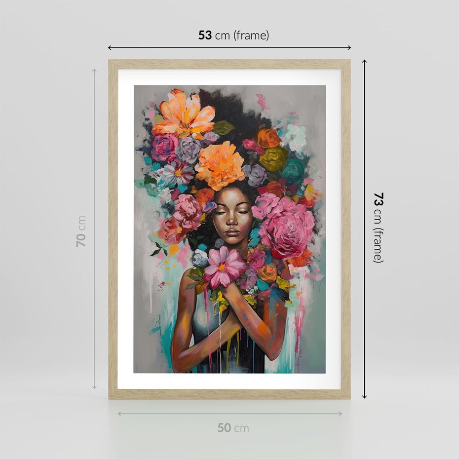Plakat w ramie 50x70 - Z Głową w Kwiatach - obraz olejny, sztuka nowoczesna - rama drewno