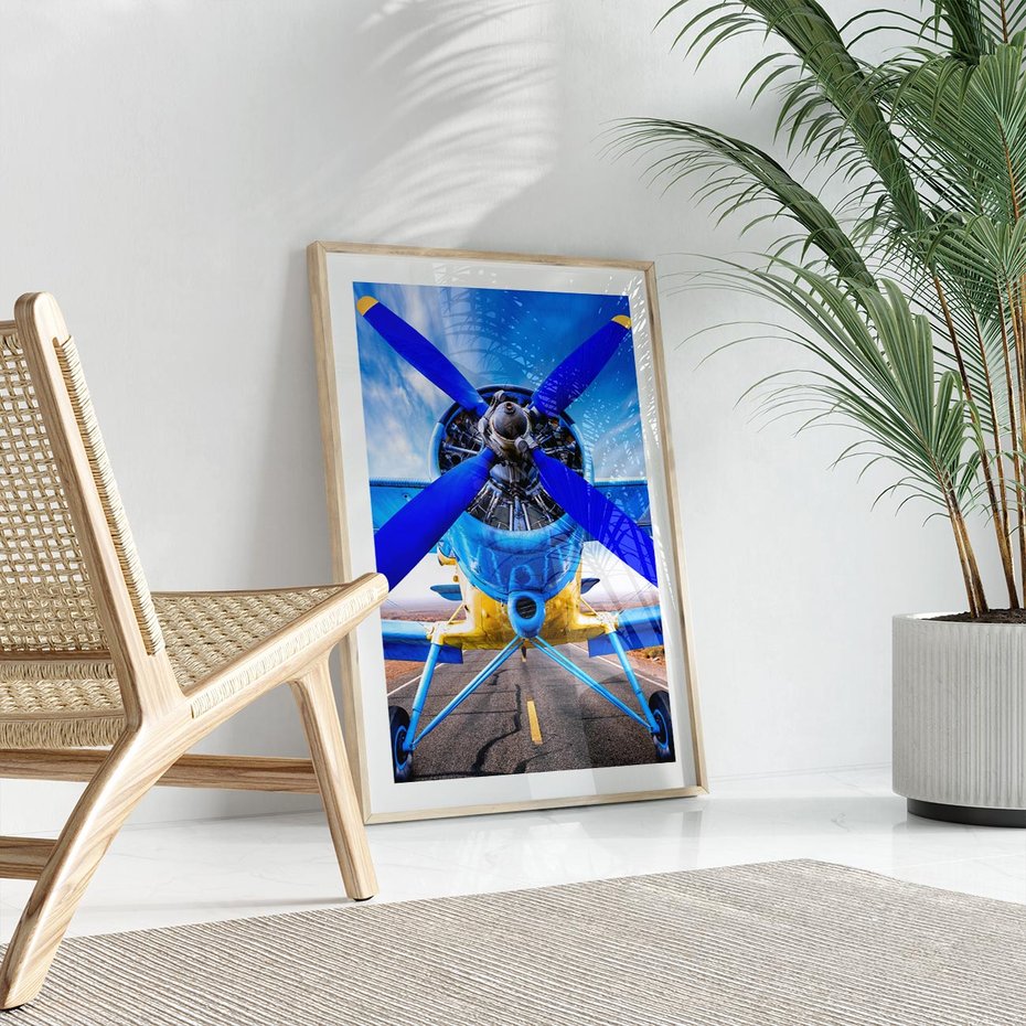 Plakat w ramie 40x50 - Śmigłowiec indygo - samolot, śmigło - rama drewno
