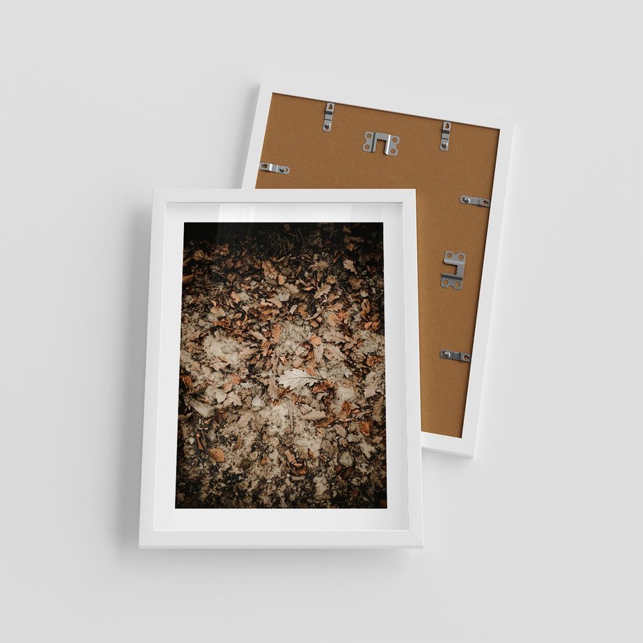Plakat w ramie 30x40 - Suchość Liści w Brązowych Tonach - suche liście jesień brąz - rama biała
