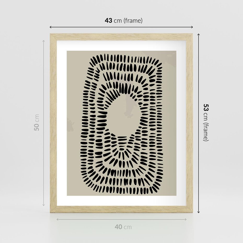 Plakat w ramie 40x50 - Zaklęte Wnętrza - boho plakat, czarne kropki kreski - rama drewno