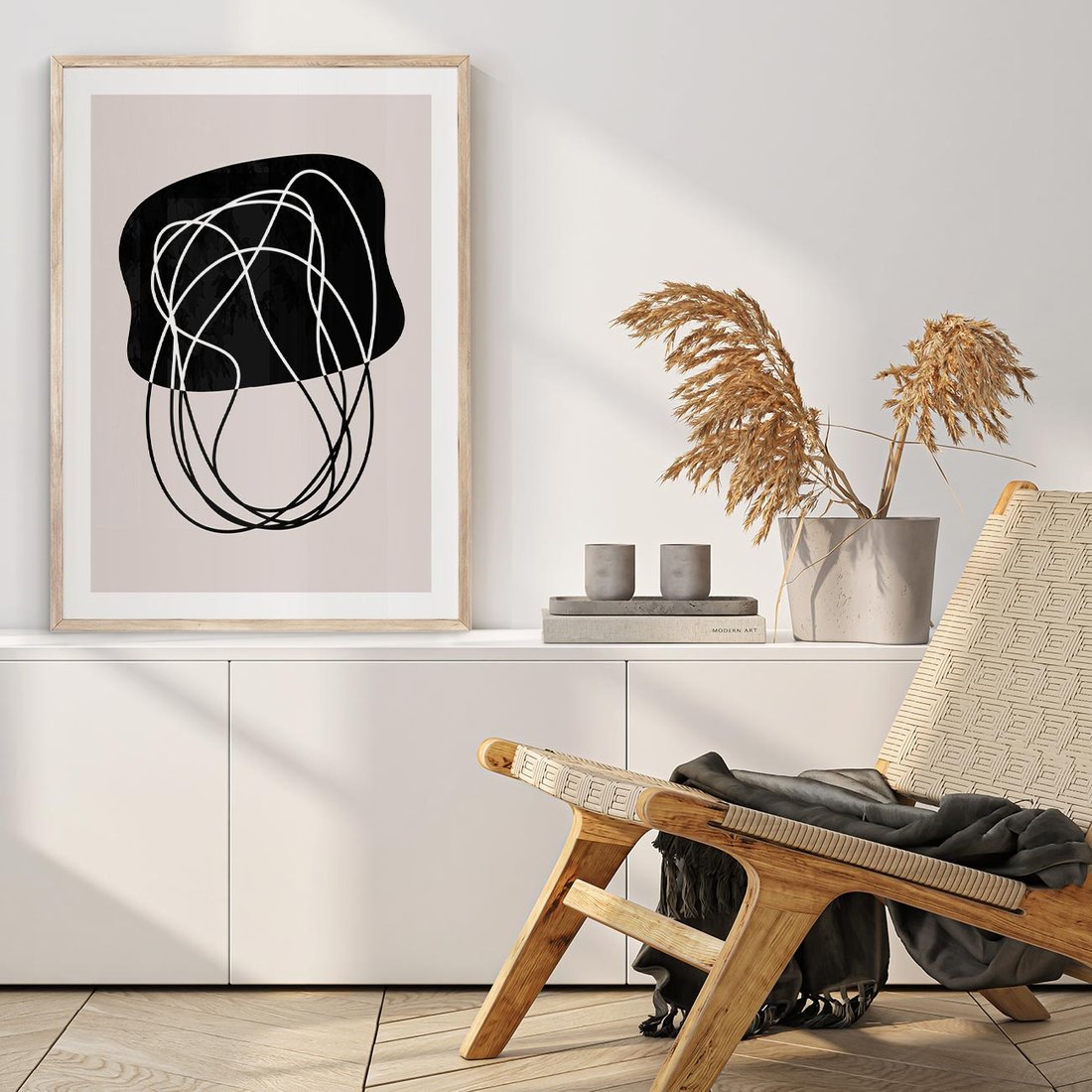 Plakat w ramie 30x40 - Abstrakcyjne Harmonie - abstrakcyjne szkicowane linie, minimalizm - rama drewno