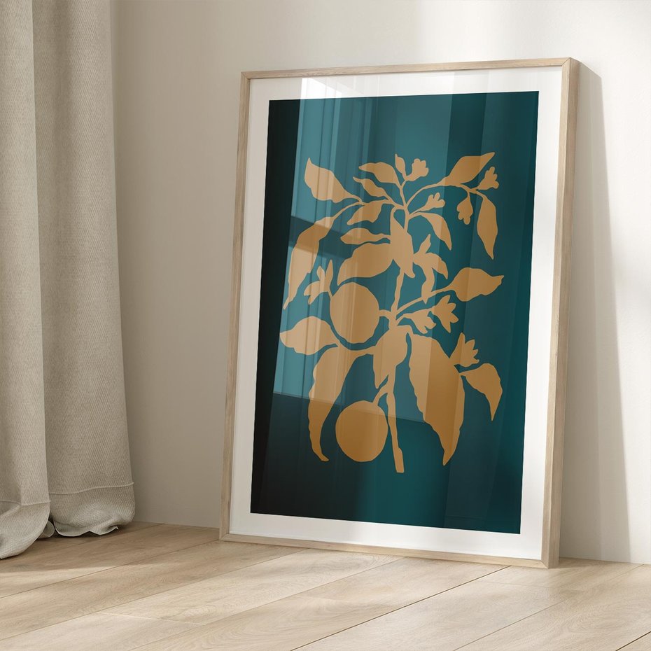 Plakat w ramie 30x40 - Boho Ekspresja Emocji - abstrakcyjna boho grafika, ciemne zielone tłó - rama drewno