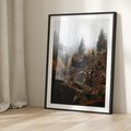 Plakat w ramie 50x70 - Górski las - stary zniszczony domek w górach, góry - rama czarna