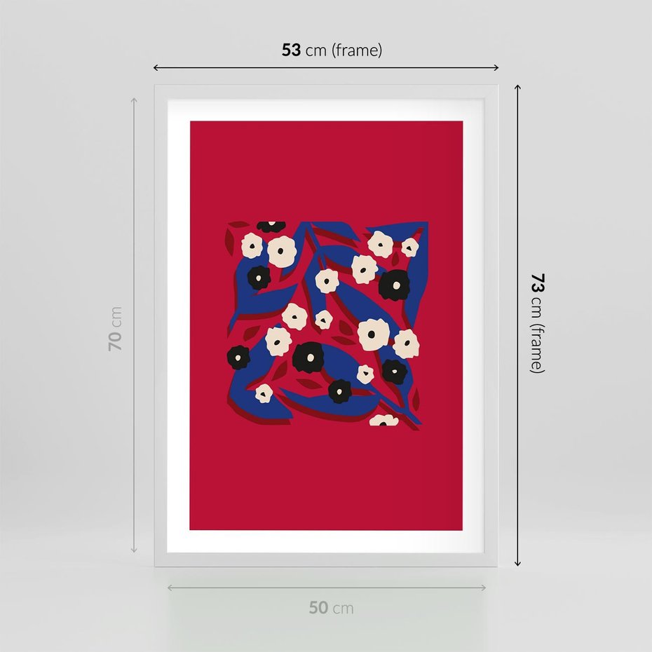 Plakat w ramie 50x70 - Kolorowe Przenikanie - abstrakcyjna kwiatowa kompozycja, czerwone mocne tło - rama biała
