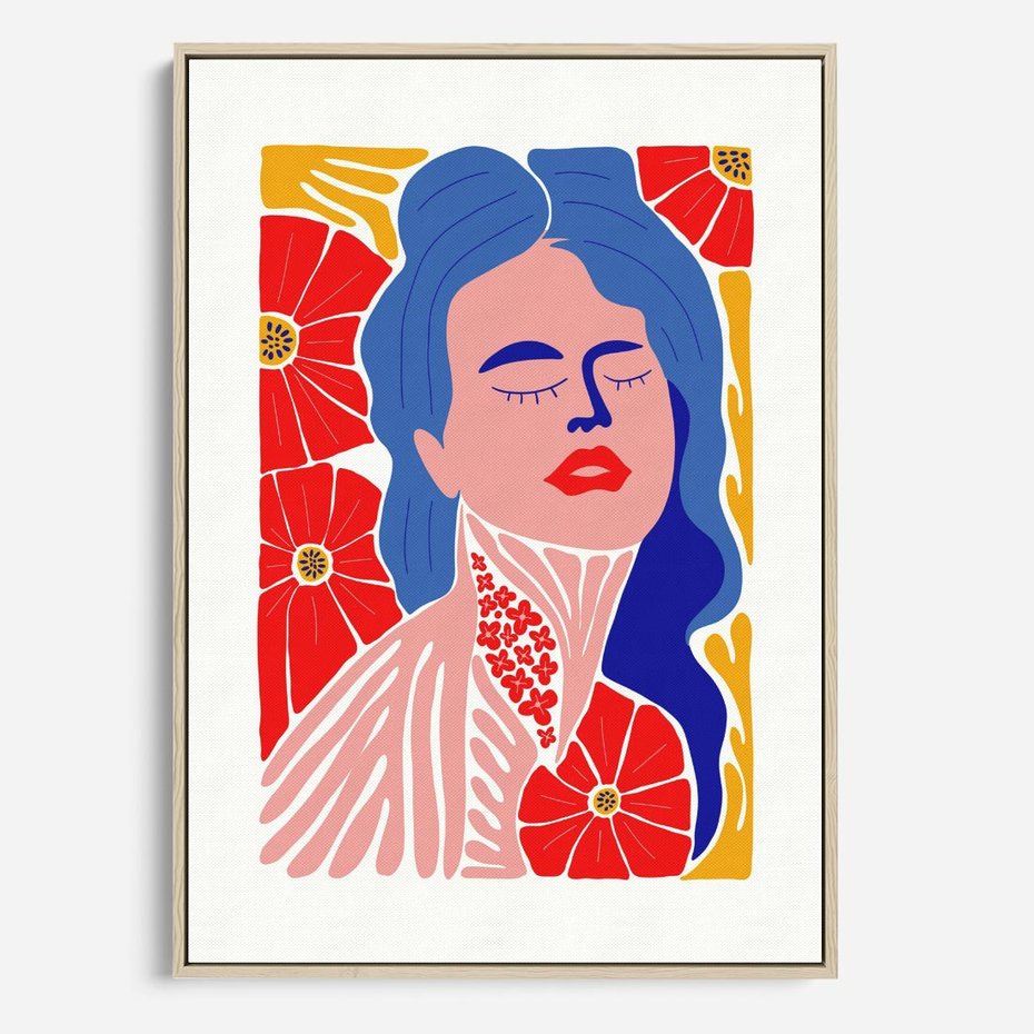 Obraz w ramie 50x70 - Nowoczesna Twarz - nowoczesna grafika, kolorowa twarz kobiety - rama drewno