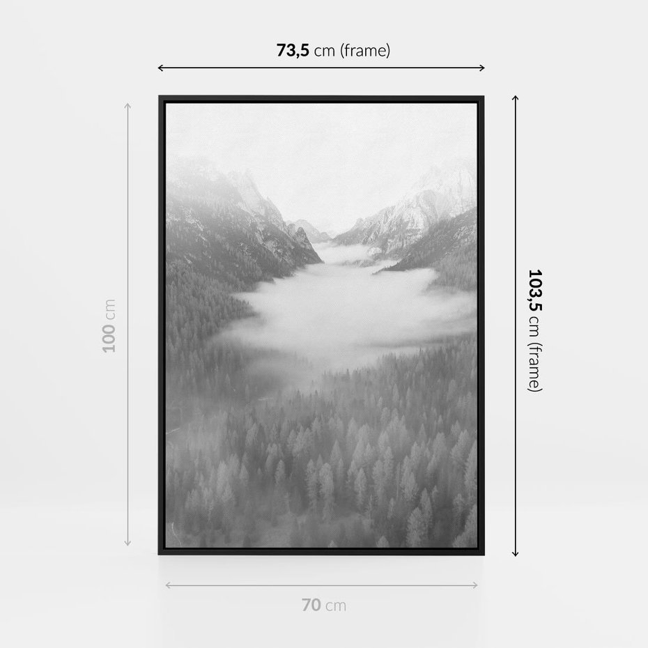 Obraz w ramie 70x100 - Szare Góry - zamglony krajobraz, las - rama czarna