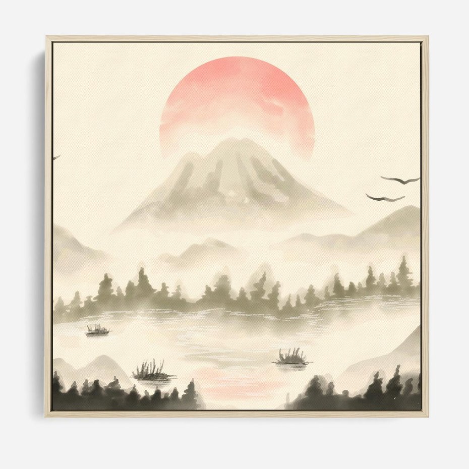 Obraz w ramie 80x80 - Przyroda Japonii - japońska akwarela, góry - rama drewno