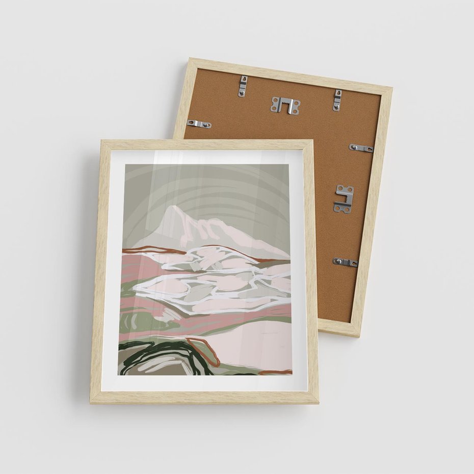 Plakat w ramie 40x50 - Szarawe Wzgórza - pastelowy krajobraz, nowoczesny plakat - rama drewno