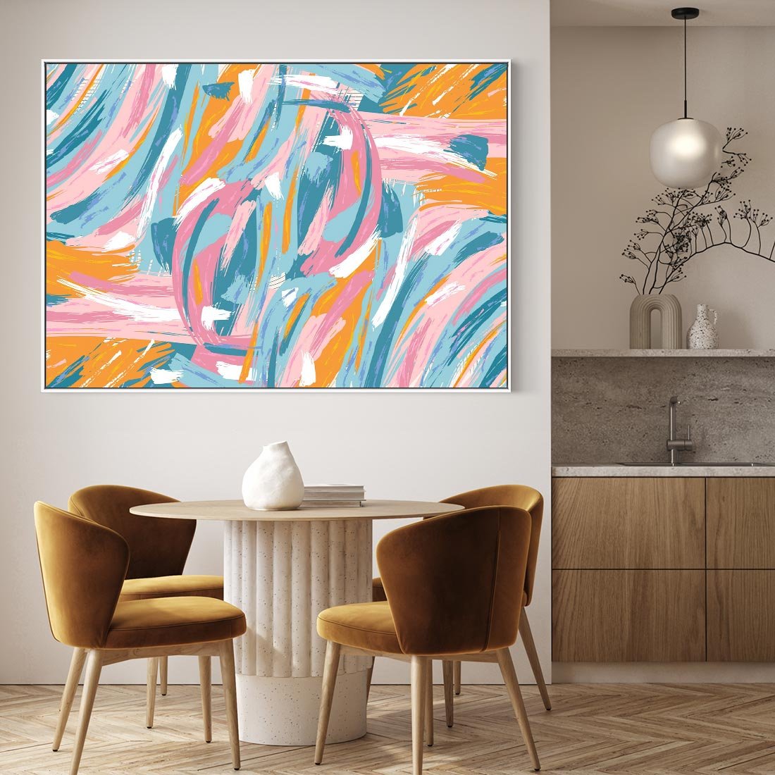 Obraz w ramie 70x50 - Refleksje w krainie abstrakcji - abstrakcja, energiczne pociągnięcia pędzla - rama biała