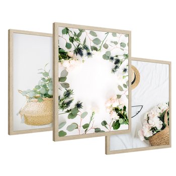 Zestaw obrazy w ramie 40x50 galeria - Kwiaty, koszyk, minimalizm, prostota - rama drewno