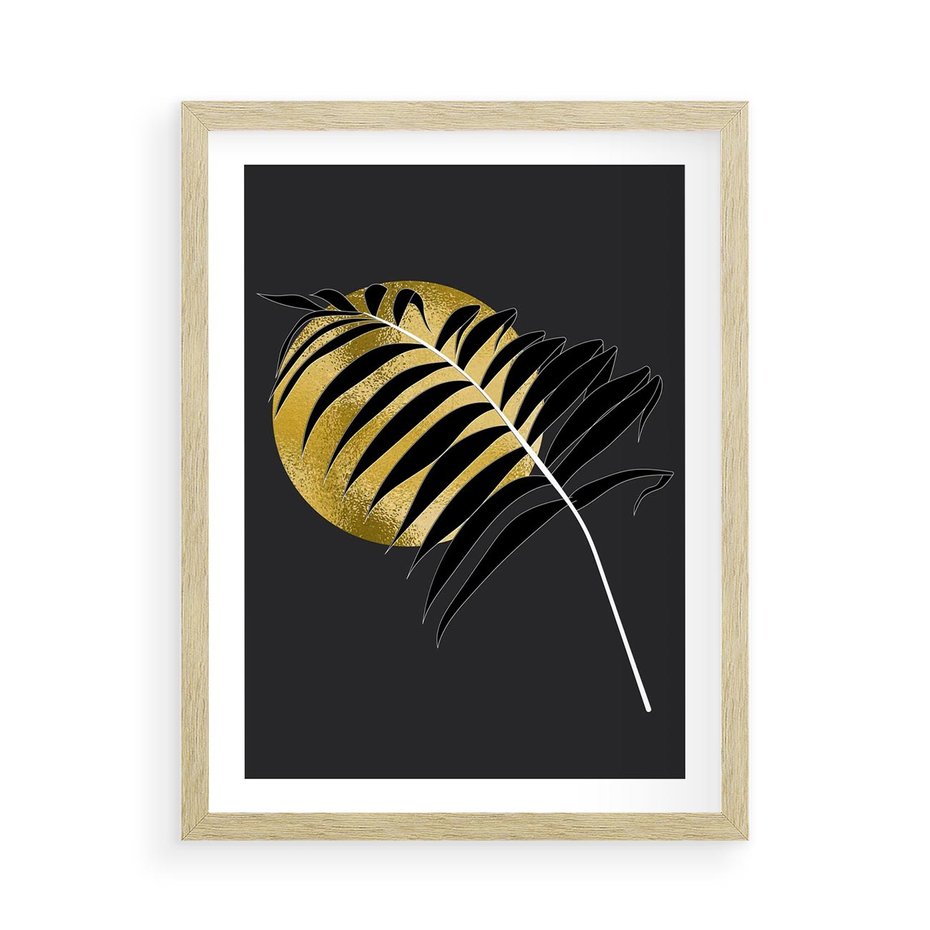 Plakat w ramie 50x70 - Egzotyczna Elegancja - palma, na czarnym tle - rama drewno