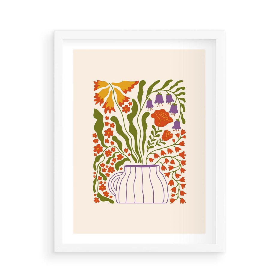 Plakat w ramie 50x70 - Świeżość Kwiatów - kwiaty w wazonie, minimalistyczna kompozycja - rama biała