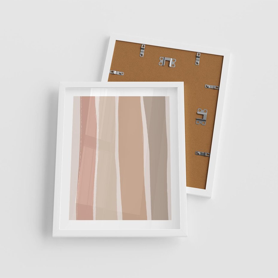 Plakat w ramie 40x50 - Tęczowa Zgaszona Aura - abstakcyjne tęczowe pasy, delikatne odcienie beżu - rama biała