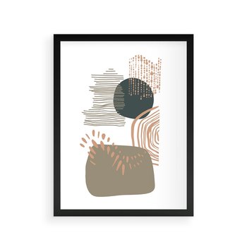 Plakat w ramie 30x40 - Taniec Plam - abstrakcyjna kompozycja z kropek kresek i kółek, odcienie brązu i beżu - rama czarna