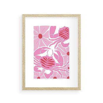 Plakat w ramie 30x40 - Roztańczone Kraby - różowe kwiaty i kraby, abstrakcyjna kompozycja - rama drewno