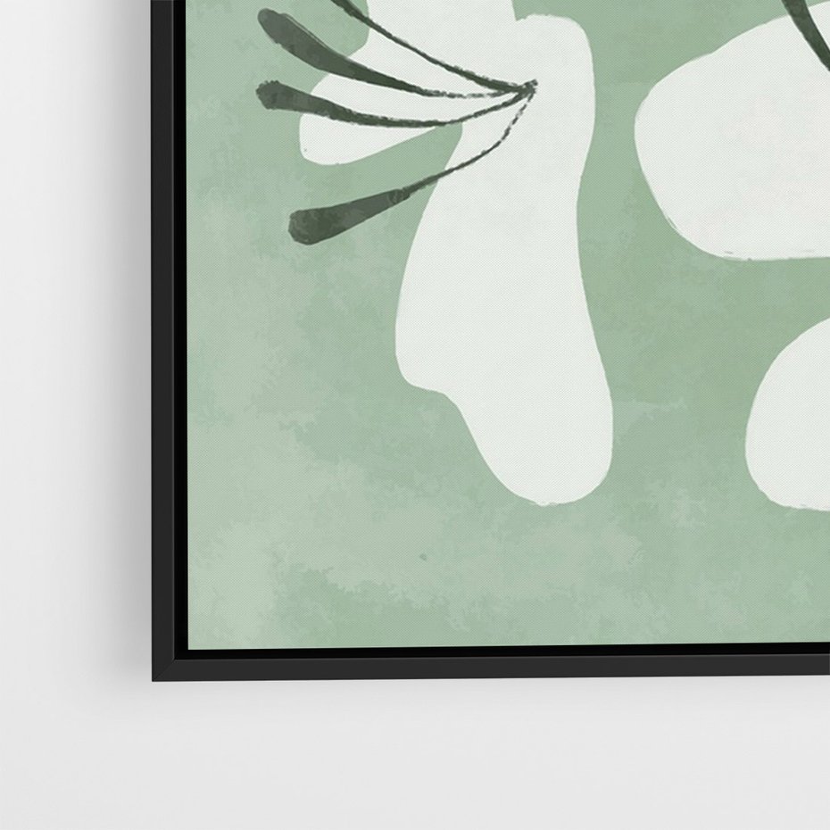 Obraz w ramie 70x100 - Rozkwitające Ukojenie - zgaszona zieleń, kwiaty - rama czarna