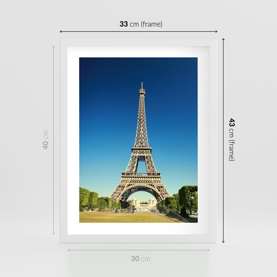 Plakat w ramie 30x40 - Ikoniczny symbol miasta - wieża, Eiffla - rama biała