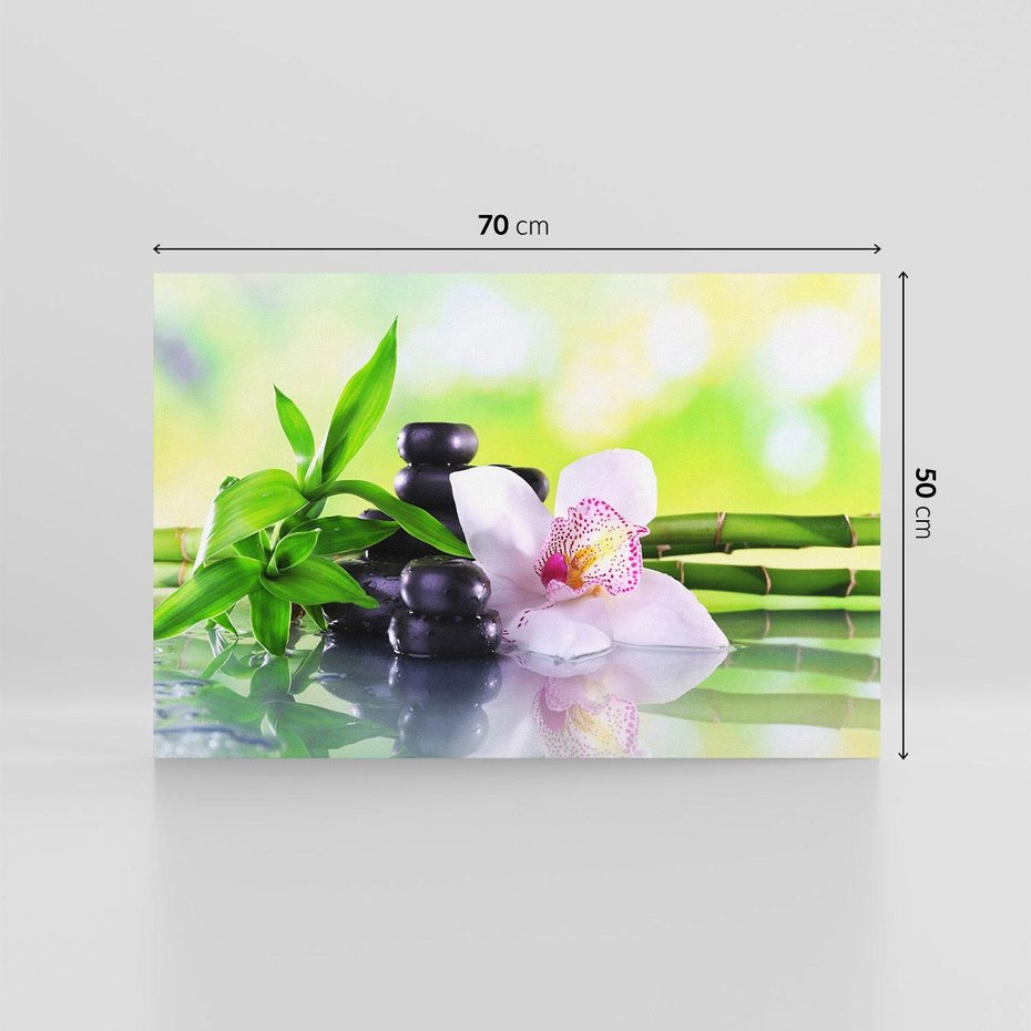 Obraz na płótnie 70x50 - Oaza Spokoju: Bambus, Kwiaty i Kamienie w SPA - bambus, kwiat