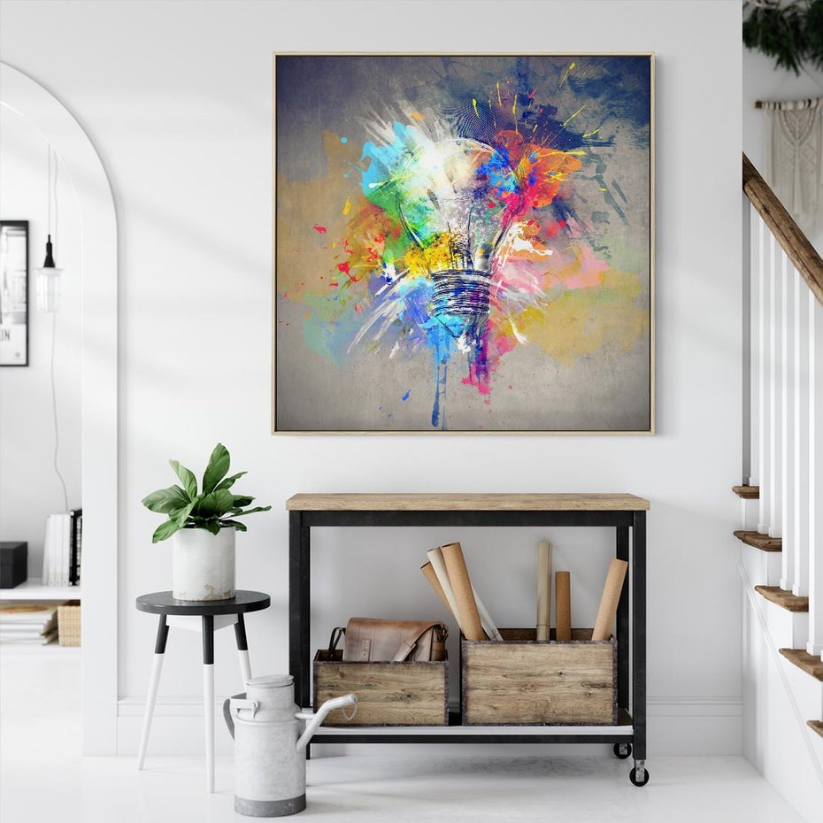 Obraz w ramie 80x80 - Kolory Kreatywnej Koncepcji - abstrakcyjna grafika, szkic żarówki - rama drewno