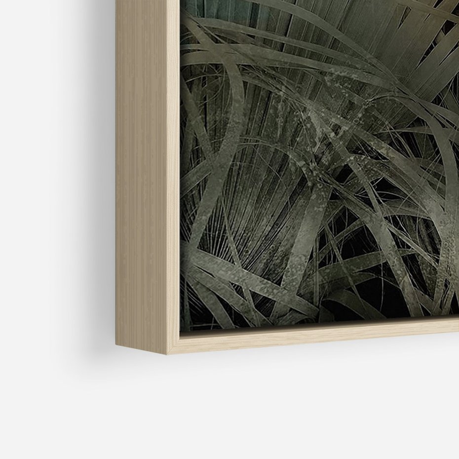 Obraz w ramie 80x120 - Światło w mroku duszy - liście traw, mroczny klimat - rama drewno