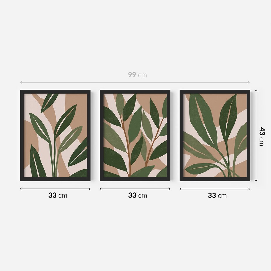 Zestaw obrazy w ramie 30x40 galeria - Liście, graficzne, boho - rama czarna