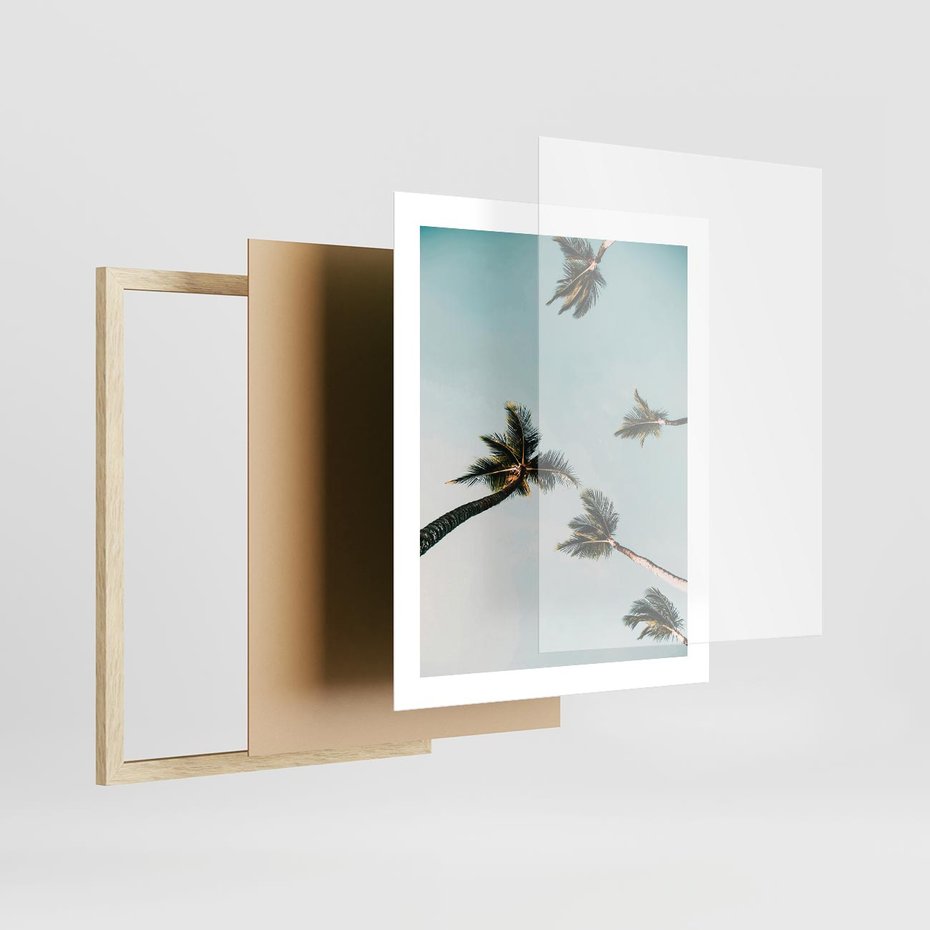 Plakat w ramie 40x50 - Palmy i Niebo - palmy, ujęcie z dołu - rama drewno