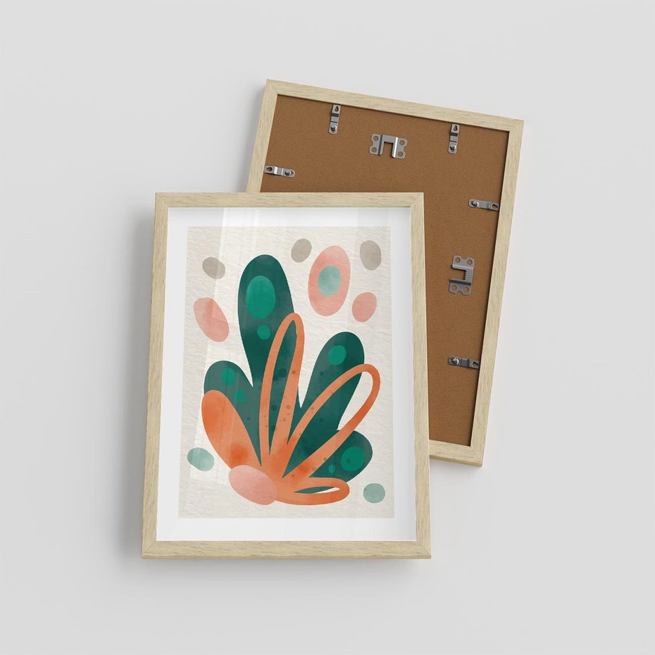 Plakat w ramie 30x40 - Harmonia bez Harmonii - akwarelowe abstrakcyjne kształty, zieleń i pomarańcz - rama drewno