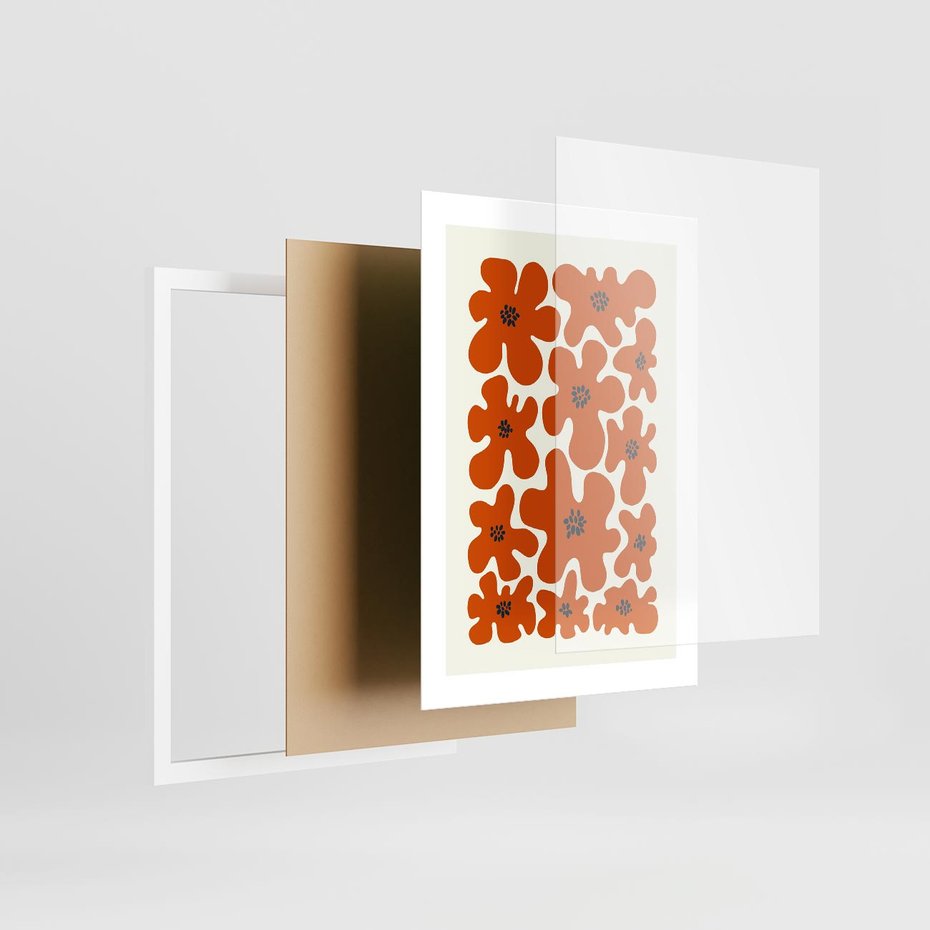 Plakat w ramie 30x40 - Wibracje Przestrzeni - abstrakcyjne czerwone kwiaty, kompozycja - rama biała